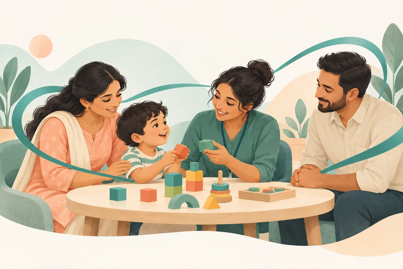 Illustration of a therapist, child and parents building with blocks together